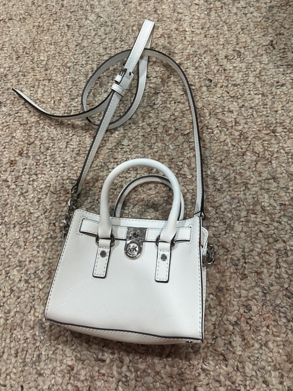 Michael Kors Optic White Saffiano Mini Satchel with Silver MK Pendant